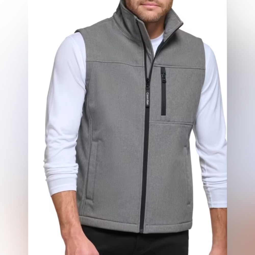 Calvin Klein Men's Size Medium Lt Grey Mock Turtleneck Zip Up Vest With Pockets